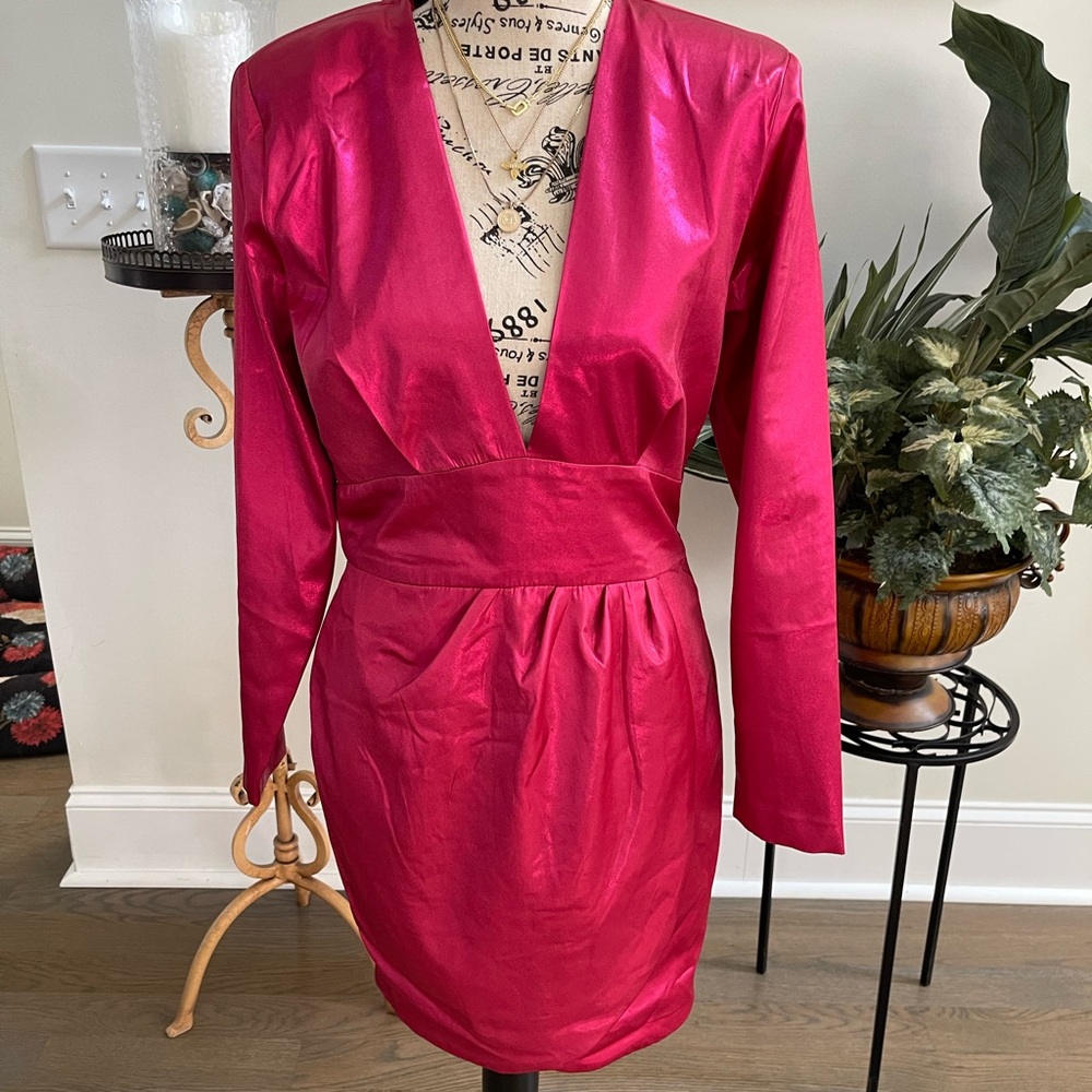 ZARA NWOT medium HotPink long sleeve satin dress side zipper hidden gorgeous $99